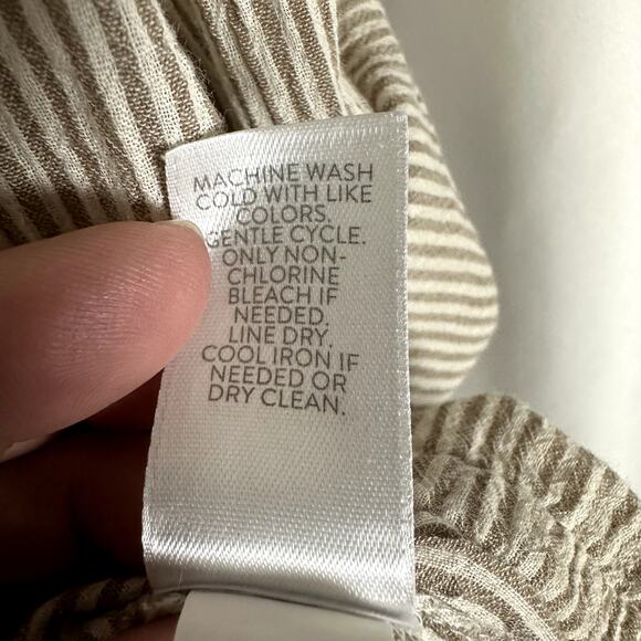 J.Jill Collared Tan Ticking Stripe Cotton Faux Wrap Front Shirt Size Medium - Picture 7 of 8